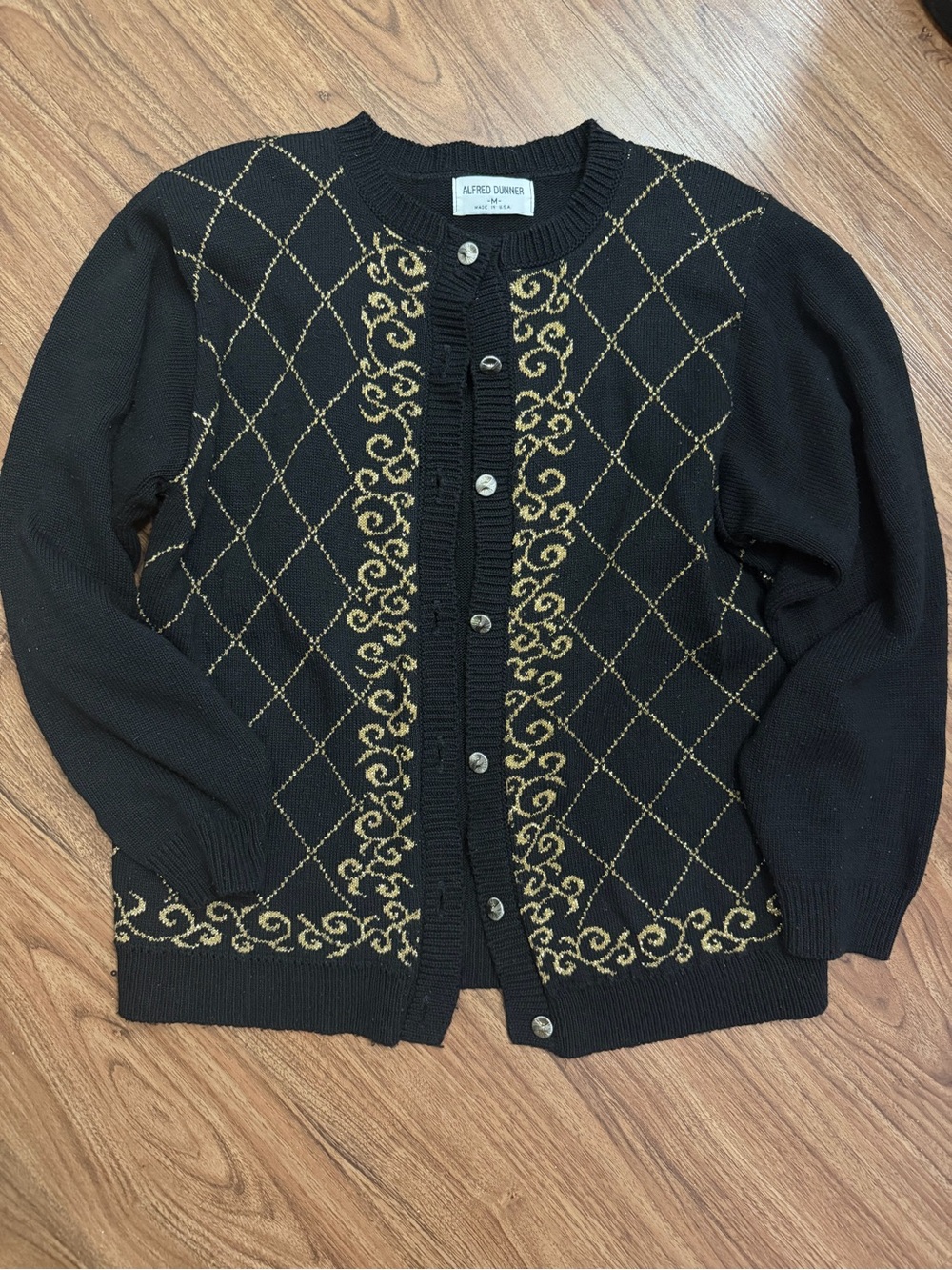Alfred Dunner Black Cardigan with Gold Embroidered Lattice